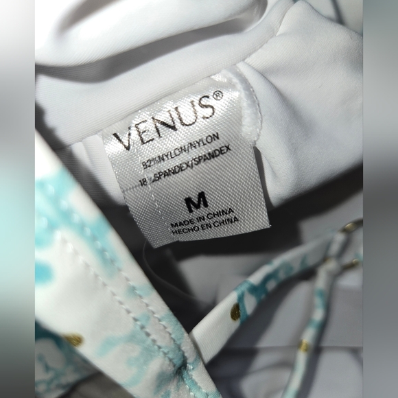 Venus swimsuit bikini white and aqua coral foil gold dots medium high-waisted - Picture 5 of 9